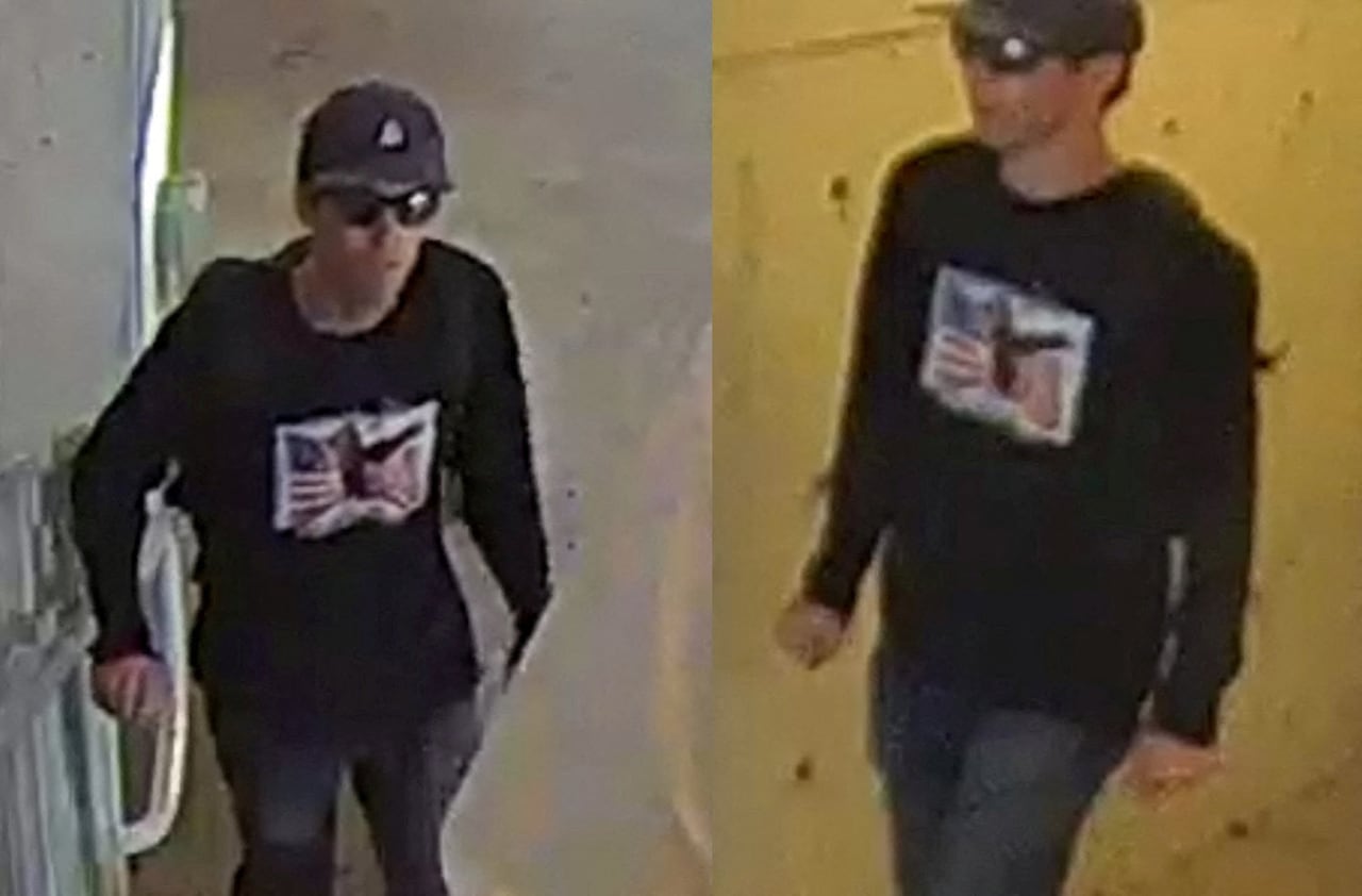 A combination photo shows a person of interest wearing a long-sleeve shirt, sunglasses and cap.