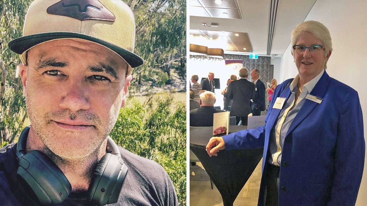 Man with a cap on the left and woman with short grey hair on the right.