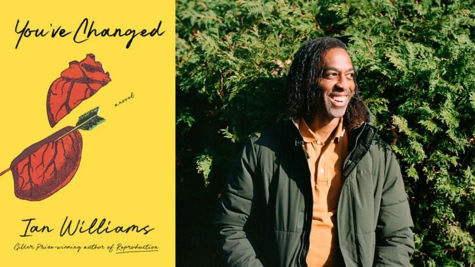 A yellow book cover of a cartoon heart with an arrow splitting it. A headshot of a man with brown curly hair smiling and looking right.